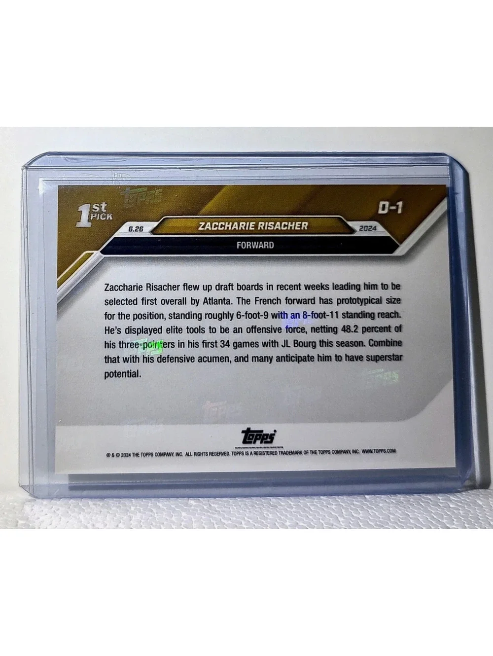 Zaccharie Risacher 2024 Topps Now NBA #D-1 Draft Night Rookie Card Atlanta Hawks